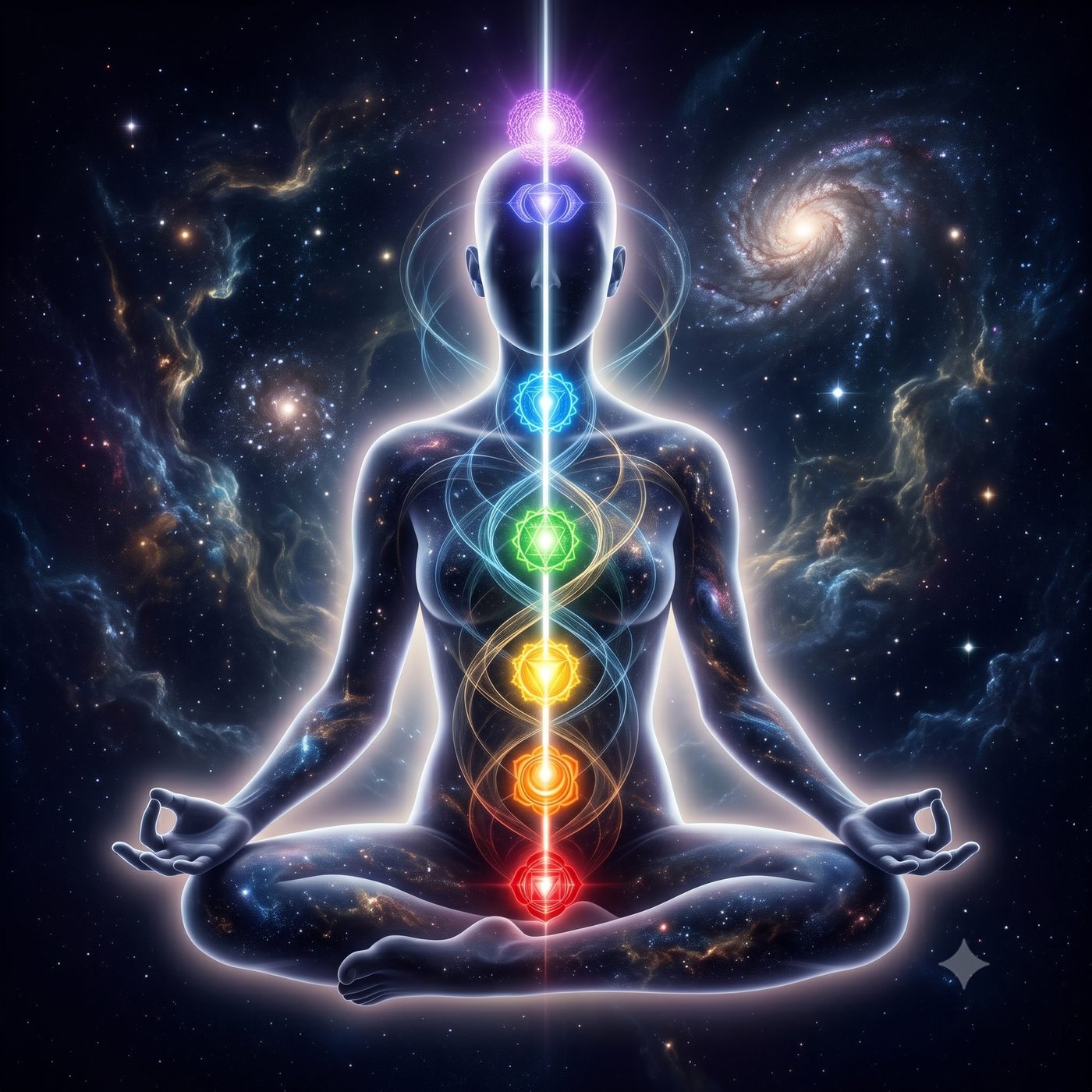 Meditating figure with the seven chakras illuminated against a cosmic backdrop